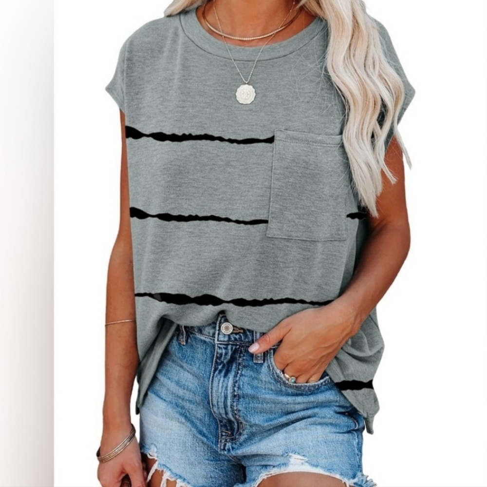 Women’s Gray Short Sleeve Pocket Tee with Black Stripe Detail